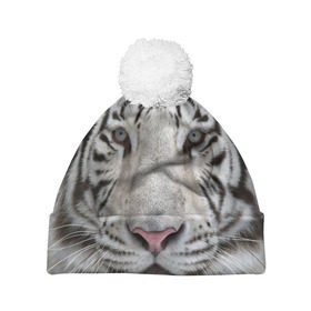 Шапка 3D c помпоном с принтом Бенгальский тигр в Петрозаводске, 100% полиэстер | универсальный размер, печать по всей поверхности изделия | tiger | белый | дикая кошка | тигр | хищник