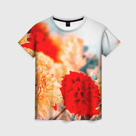 Женская футболка 3D с принтом Георгины в Петрозаводске, 100% полиэфир ( синтетическое хлопкоподобное полотно) | прямой крой, круглый вырез горловины, длина до линии бедер | букет | георгины | красота | цветы