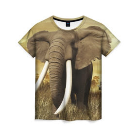 Женская футболка 3D с принтом Могучий слон в Петрозаводске, 100% полиэфир ( синтетическое хлопкоподобное полотно) | прямой крой, круглый вырез горловины, длина до линии бедер | elephant | африка | бивни | джунгли | мамонт | савана | сафари | слон | хобот