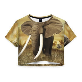 Женская футболка 3D укороченная с принтом Могучий слон в Петрозаводске, 100% полиэстер | круглая горловина, длина футболки до линии талии, рукава с отворотами | elephant | африка | бивни | джунгли | мамонт | савана | сафари | слон | хобот