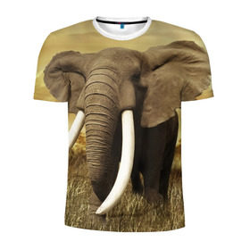 Мужская футболка 3D спортивная с принтом Могучий слон в Петрозаводске, 100% полиэстер с улучшенными характеристиками | приталенный силуэт, круглая горловина, широкие плечи, сужается к линии бедра | elephant | африка | бивни | джунгли | мамонт | савана | сафари | слон | хобот