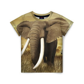 Детская футболка 3D с принтом Могучий слон в Петрозаводске, 100% гипоаллергенный полиэфир | прямой крой, круглый вырез горловины, длина до линии бедер, чуть спущенное плечо, ткань немного тянется | elephant | африка | бивни | джунгли | мамонт | савана | сафари | слон | хобот