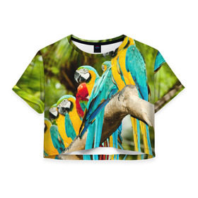 Женская футболка 3D укороченная с принтом Попугаи на ветке в Петрозаводске, 100% полиэстер | круглая горловина, длина футболки до линии талии, рукава с отворотами | джунгли | клюв | острова | перья | попугай | птица | тропики | экзотика