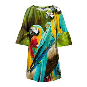 Детское платье 3D с принтом Попугаи на ветке в Петрозаводске, 100% полиэстер | прямой силуэт, чуть расширенный к низу. Круглая горловина, на рукавах — воланы | джунгли | клюв | острова | перья | попугай | птица | тропики | экзотика