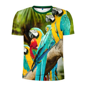 Мужская футболка 3D спортивная с принтом Попугаи на ветке в Петрозаводске, 100% полиэстер с улучшенными характеристиками | приталенный силуэт, круглая горловина, широкие плечи, сужается к линии бедра | джунгли | клюв | острова | перья | попугай | птица | тропики | экзотика