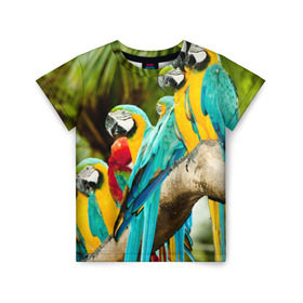 Детская футболка 3D с принтом Попугаи на ветке в Петрозаводске, 100% гипоаллергенный полиэфир | прямой крой, круглый вырез горловины, длина до линии бедер, чуть спущенное плечо, ткань немного тянется | джунгли | клюв | острова | перья | попугай | птица | тропики | экзотика