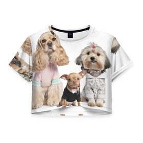 Женская футболка 3D укороченная с принтом Дивные собачки в Петрозаводске, 100% полиэстер | круглая горловина, длина футболки до линии талии, рукава с отворотами | весёлый | животное | зверёк | игривый | классный | красивый | лучший друг человека | любимец | милый | охрана | пёс | питомец | прикольный | смешной | собака | собачонка | ум | щенок | щеночек