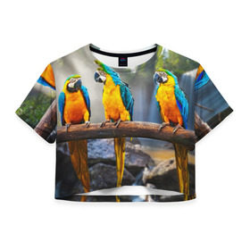 Женская футболка 3D укороченная с принтом Экзотические попугаи в Петрозаводске, 100% полиэстер | круглая горловина, длина футболки до линии талии, рукава с отворотами | джунгли | клюв | острова | перья | попугай | птица | тропики | экзотика