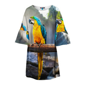 Детское платье 3D с принтом Экзотические попугаи в Петрозаводске, 100% полиэстер | прямой силуэт, чуть расширенный к низу. Круглая горловина, на рукавах — воланы | Тематика изображения на принте: джунгли | клюв | острова | перья | попугай | птица | тропики | экзотика