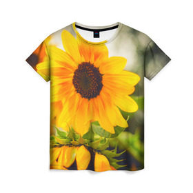 Женская футболка 3D с принтом Подсолнухи в Петрозаводске, 100% полиэфир ( синтетическое хлопкоподобное полотно) | прямой крой, круглый вырез горловины, длина до линии бедер | лето | подсолнух | солнце | цветы