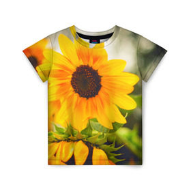Детская футболка 3D с принтом Подсолнухи в Петрозаводске, 100% гипоаллергенный полиэфир | прямой крой, круглый вырез горловины, длина до линии бедер, чуть спущенное плечо, ткань немного тянется | лето | подсолнух | солнце | цветы