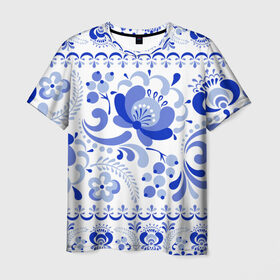 Мужская футболка 3D с принтом Гжель 2 в Петрозаводске, 100% полиэфир | прямой крой, круглый вырез горловины, длина до линии бедер | роспись | россия | русь | узор
