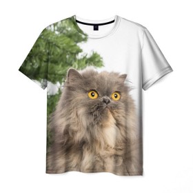 Мужская футболка 3D с принтом Пушистый кот в Петрозаводске, 100% полиэфир | прямой крой, круглый вырез горловины, длина до линии бедер | 