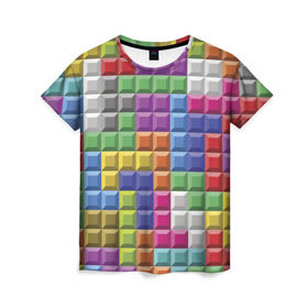 Женская футболка 3D с принтом Цветной тетрис в Петрозаводске, 100% полиэфир ( синтетическое хлопкоподобное полотно) | прямой крой, круглый вырез горловины, длина до линии бедер | тетрис