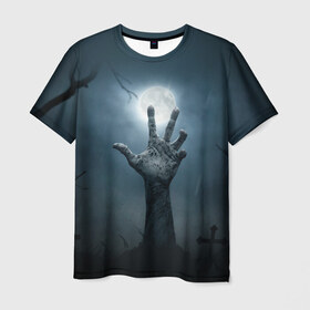 Мужская футболка 3D с принтом Рука зомби в Петрозаводске, 100% полиэфир | прямой крой, круглый вырез горловины, длина до линии бедер | кладбище | луна | мертвец
