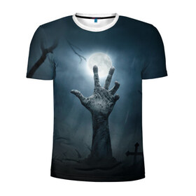 Мужская футболка 3D спортивная с принтом Рука зомби в Петрозаводске, 100% полиэстер с улучшенными характеристиками | приталенный силуэт, круглая горловина, широкие плечи, сужается к линии бедра | Тематика изображения на принте: кладбище | луна | мертвец