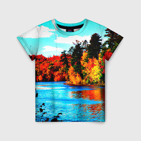 Детская футболка 3D с принтом Озеро в Петрозаводске, 100% гипоаллергенный полиэфир | прямой крой, круглый вырез горловины, длина до линии бедер, чуть спущенное плечо, ткань немного тянется | деревья | красные листья | кусты | осень | природа | река