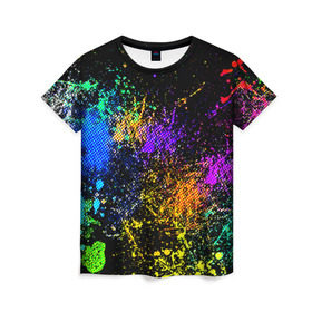 Женская футболка 3D с принтом Брызги красок в Петрозаводске, 100% полиэфир ( синтетическое хлопкоподобное полотно) | прямой крой, круглый вырез горловины, длина до линии бедер | Тематика изображения на принте: кляксы | цветной | яркий