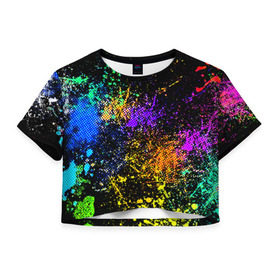 Женская футболка 3D укороченная с принтом Брызги красок в Петрозаводске, 100% полиэстер | круглая горловина, длина футболки до линии талии, рукава с отворотами | кляксы | цветной | яркий