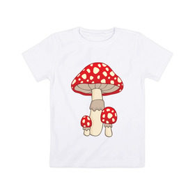 Детская футболка хлопок с принтом Мухоморы в Петрозаводске, 100% хлопок | круглый вырез горловины, полуприлегающий силуэт, длина до линии бедер | Тематика изображения на принте: грибы | поганки