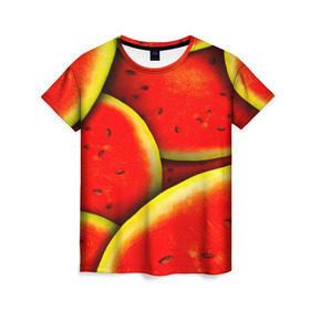 Женская футболка 3D с принтом Арбуз в Петрозаводске, 100% полиэфир ( синтетическое хлопкоподобное полотно) | прямой крой, круглый вырез горловины, длина до линии бедер | арбуз | лето | яркая