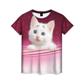 Женская футболка 3D с принтом Белый котёнок в Петрозаводске, 100% полиэфир ( синтетическое хлопкоподобное полотно) | прямой крой, круглый вырез горловины, длина до линии бедер | киска | кот | котёнок | кошка | прикольные картинки