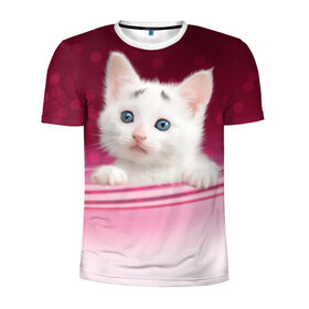 Мужская футболка 3D спортивная с принтом Белый котёнок в Петрозаводске, 100% полиэстер с улучшенными характеристиками | приталенный силуэт, круглая горловина, широкие плечи, сужается к линии бедра | киска | кот | котёнок | кошка | прикольные картинки