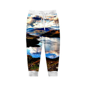 Детские брюки 3D с принтом Озеро в Петрозаводске, 100% полиэстер | манжеты по низу, эластичный пояс регулируется шнурком, по бокам два кармана без застежек, внутренняя часть кармана из мелкой сетки | весна | горы | кусты | лето | небо | озеро | природа