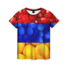 Женская футболка 3D с принтом Флаг Армении в Петрозаводске, 100% полиэфир ( синтетическое хлопкоподобное полотно) | прямой крой, круглый вырез горловины, длина до линии бедер | армения | гранат | персик | слива | страны | флаг армении | фрукты
