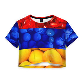 Женская футболка 3D укороченная с принтом Флаг Армении в Петрозаводске, 100% полиэстер | круглая горловина, длина футболки до линии талии, рукава с отворотами | армения | гранат | персик | слива | страны | флаг армении | фрукты