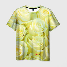 Мужская футболка 3D с принтом Белые розы в Петрозаводске, 100% полиэфир | прямой крой, круглый вырез горловины, длина до линии бедер | лепесток | природа | роза | цветок | яркая