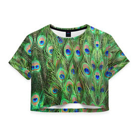 Женская футболка 3D укороченная с принтом Life is beautiful в Петрозаводске, 100% полиэстер | круглая горловина, длина футболки до линии талии, рукава с отворотами | павлин | паттерн | перья | текстура