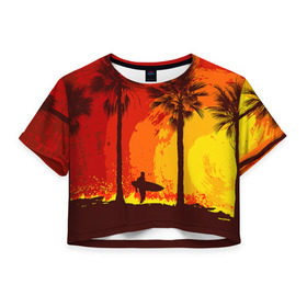 Женская футболка 3D укороченная с принтом Summer Surf в Петрозаводске, 100% полиэстер | круглая горловина, длина футболки до линии талии, рукава с отворотами | закат | лето | пейзаж | серфинг | тропики