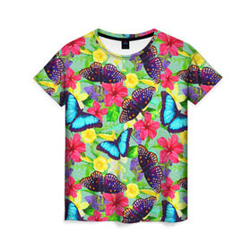 Женская футболка 3D с принтом Summer Butterflies в Петрозаводске, 100% полиэфир ( синтетическое хлопкоподобное полотно) | прямой крой, круглый вырез горловины, длина до линии бедер | бабочки | лето | пестрый | разноцветный