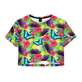 Женская футболка 3D укороченная с принтом Summer Butterflies в Петрозаводске, 100% полиэстер | круглая горловина, длина футболки до линии талии, рукава с отворотами | бабочки | лето | пестрый | разноцветный