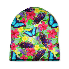 Шапка 3D с принтом Summer Butterflies в Петрозаводске, 100% полиэстер | универсальный размер, печать по всей поверхности изделия | Тематика изображения на принте: бабочки | лето | пестрый | разноцветный