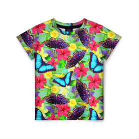 Детская футболка 3D с принтом Summer Butterflies в Петрозаводске, 100% гипоаллергенный полиэфир | прямой крой, круглый вырез горловины, длина до линии бедер, чуть спущенное плечо, ткань немного тянется | Тематика изображения на принте: бабочки | лето | пестрый | разноцветный