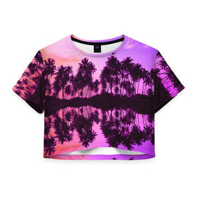 Женская футболка 3D укороченная с принтом Hawaii dream в Петрозаводске, 100% полиэстер | круглая горловина, длина футболки до линии талии, рукава с отворотами | гавайи | закат | пляж