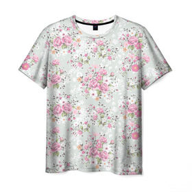 Мужская футболка 3D с принтом Flower pattern в Петрозаводске, 100% полиэфир | прямой крой, круглый вырез горловины, длина до линии бедер | белый | паттерн | розовый | цветы