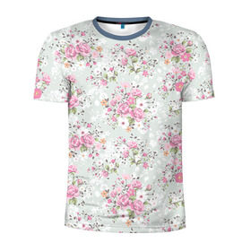 Мужская футболка 3D спортивная с принтом Flower pattern в Петрозаводске, 100% полиэстер с улучшенными характеристиками | приталенный силуэт, круглая горловина, широкие плечи, сужается к линии бедра | Тематика изображения на принте: белый | паттерн | розовый | цветы