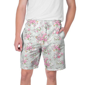 Мужские шорты 3D с принтом Flower pattern в Петрозаводске,  полиэстер 100% | прямой крой, два кармана без застежек по бокам. Мягкая трикотажная резинка на поясе, внутри которой широкие завязки. Длина чуть выше колен | белый | паттерн | розовый | цветы