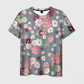 Мужская футболка 3D с принтом Цветочки в Петрозаводске, 100% полиэфир | прямой крой, круглый вырез горловины, длина до линии бедер | нежный | паттерн | розовый