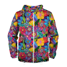 Мужская ветровка 3D с принтом Яркие цветы в Петрозаводске, 100% полиэстер | подол и капюшон оформлены резинкой с фиксаторами, два кармана без застежек по бокам, один потайной карман на груди | летний | разноцветный | цветы | яркий