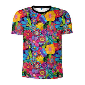 Мужская футболка 3D спортивная с принтом Яркие цветы в Петрозаводске, 100% полиэстер с улучшенными характеристиками | приталенный силуэт, круглая горловина, широкие плечи, сужается к линии бедра | летний | разноцветный | цветы | яркий