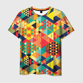 Мужская футболка 3D с принтом Геометрия в Петрозаводске, 100% полиэфир | прямой крой, круглый вырез горловины, длина до линии бедер | лоскутное шитье | паттерн | пестрый | разноцветный | треугольники