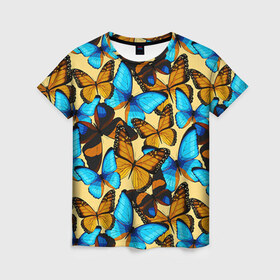Женская футболка 3D с принтом Бабочки в Петрозаводске, 100% полиэфир ( синтетическое хлопкоподобное полотно) | прямой крой, круглый вырез горловины, длина до линии бедер | коричневый | синий