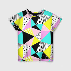 Детская футболка 3D с принтом Треугольнички в Петрозаводске, 100% гипоаллергенный полиэфир | прямой крой, круглый вырез горловины, длина до линии бедер, чуть спущенное плечо, ткань немного тянется | Тематика изображения на принте: лоскутное шитье | полигоны | разноцветный | яркий