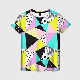 Женская футболка 3D с принтом Треугольнички в Петрозаводске, 100% полиэфир ( синтетическое хлопкоподобное полотно) | прямой крой, круглый вырез горловины, длина до линии бедер | Тематика изображения на принте: лоскутное шитье | полигоны | разноцветный | яркий
