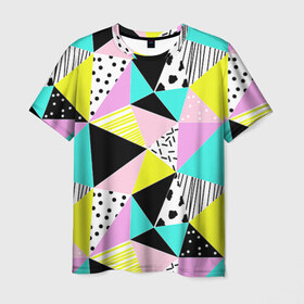 Мужская футболка 3D с принтом Треугольнички в Петрозаводске, 100% полиэфир | прямой крой, круглый вырез горловины, длина до линии бедер | лоскутное шитье | полигоны | разноцветный | яркий