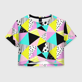 Женская футболка 3D укороченная с принтом Треугольнички в Петрозаводске, 100% полиэстер | круглая горловина, длина футболки до линии талии, рукава с отворотами | Тематика изображения на принте: лоскутное шитье | полигоны | разноцветный | яркий